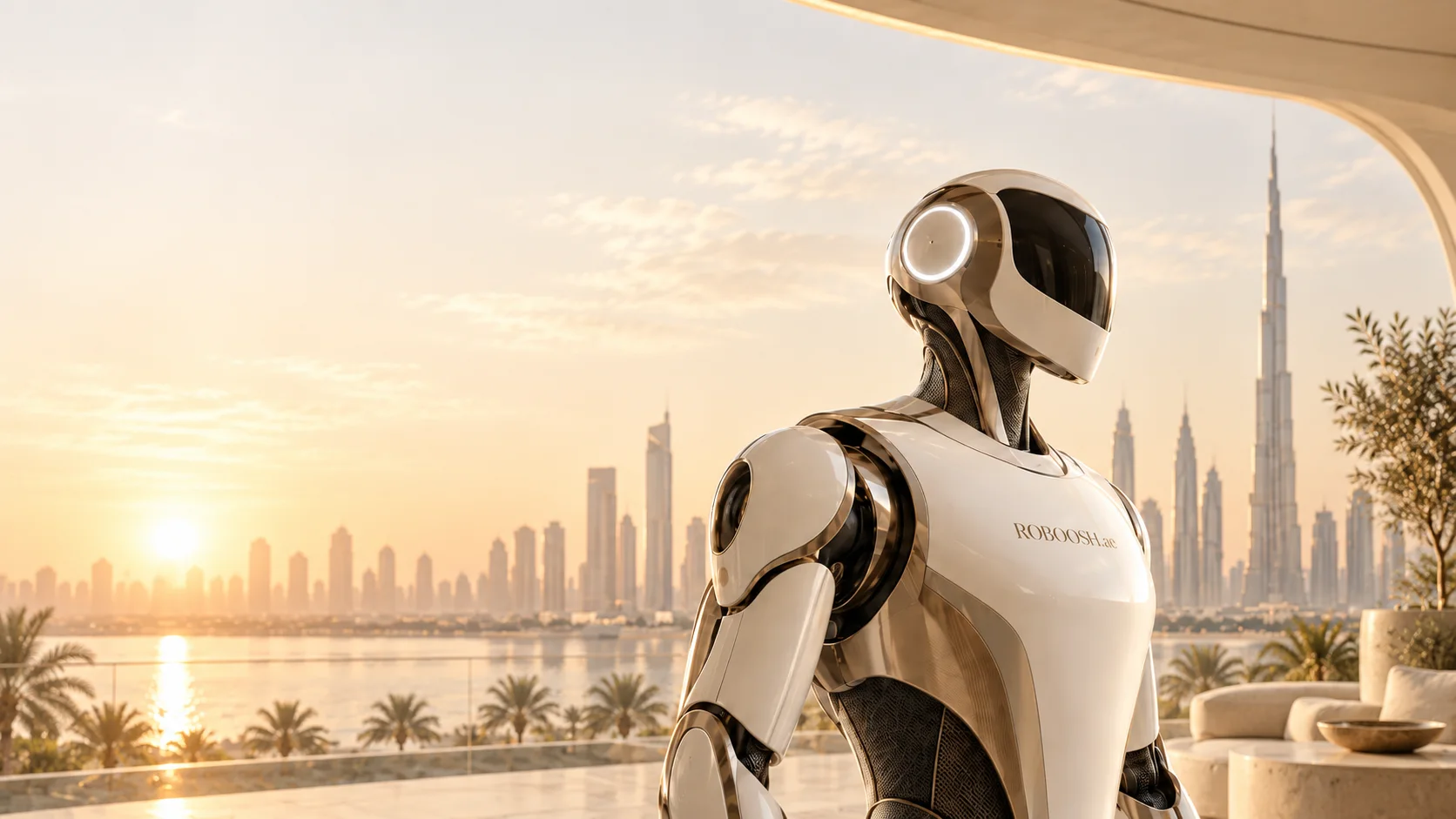 A pearl and champagne humanoid robot with ROBOOSH.ae on its chest, on a terrace at sunrise with the Dubai skyline and Burj Khalifa behind it