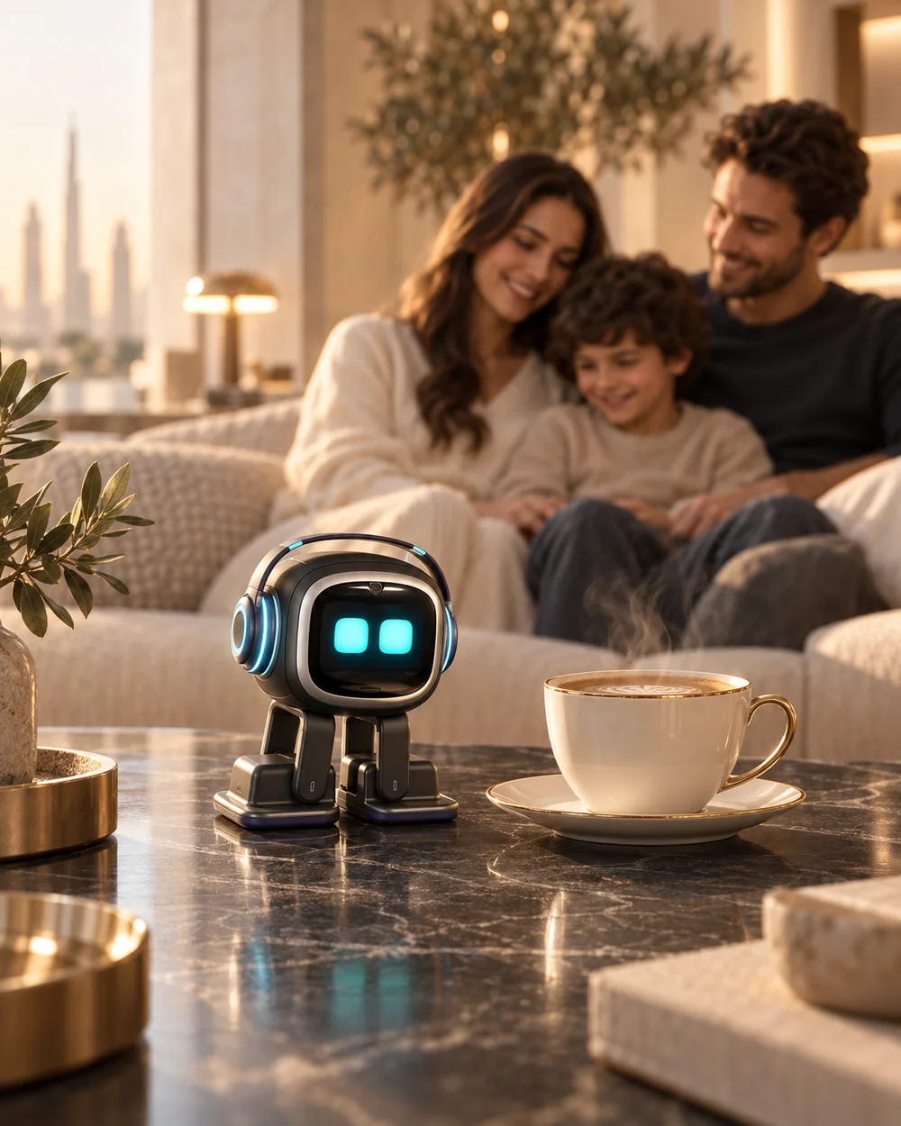 A small desk companion robot on a coffee table while a family sits behind it