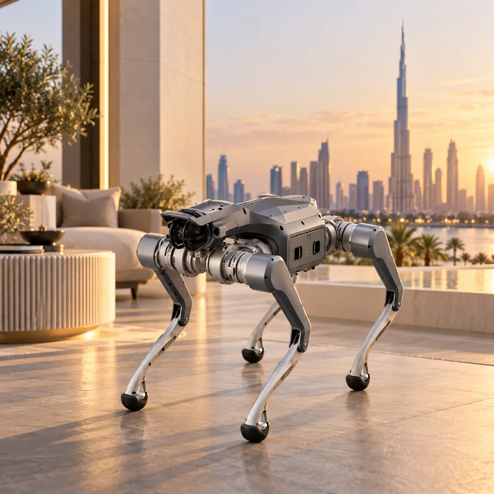 A four-legged robot standing on a terrace with the Dubai skyline behind it
