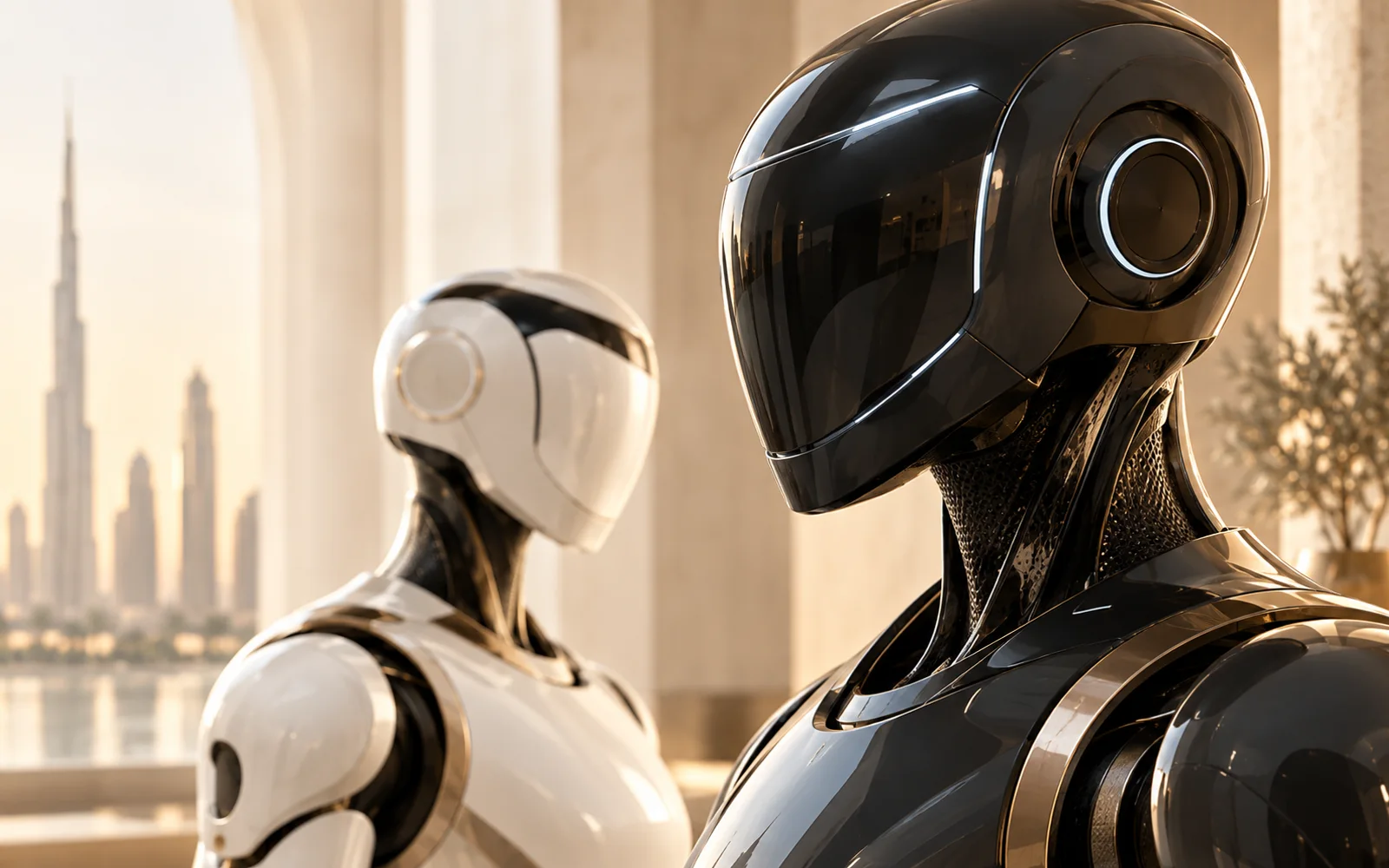 Two humanoid robots, one pearl and one graphite, in a sunlit Dubai interior