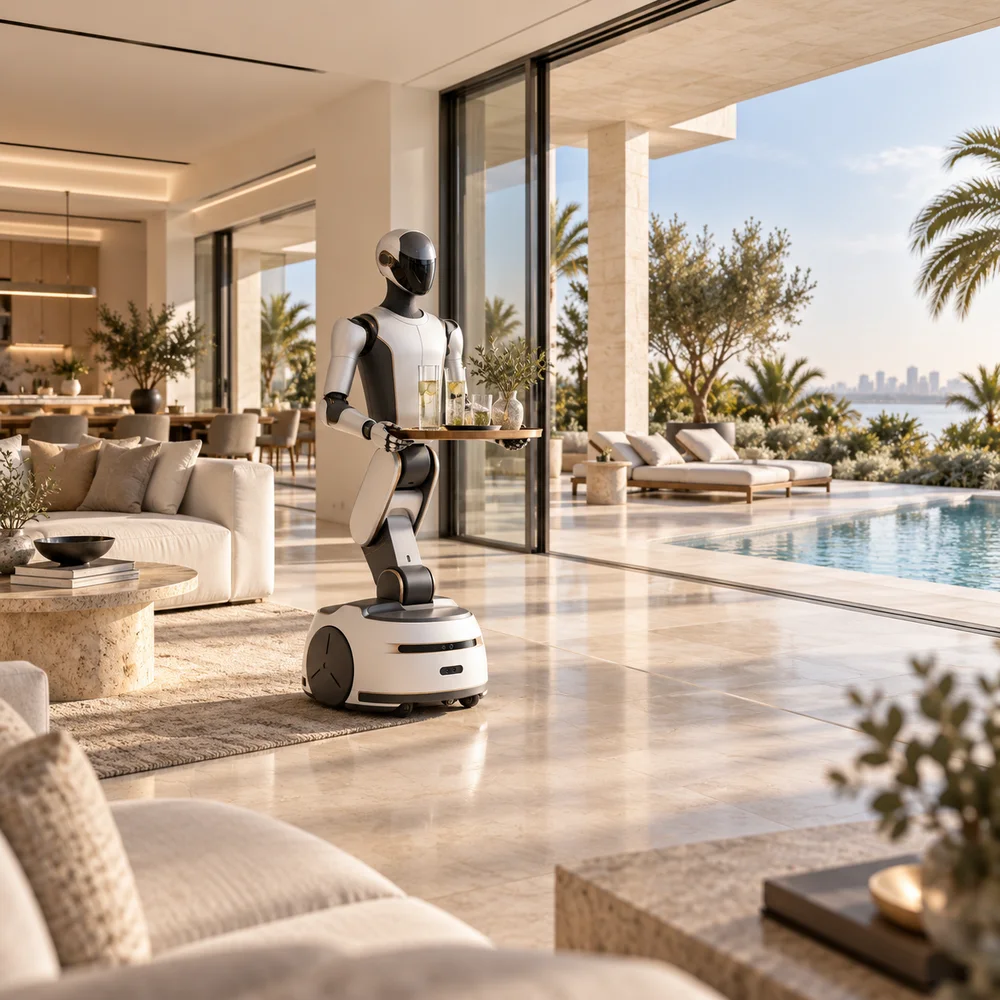 A home robot carrying a tray across a villa terrace beside the pool